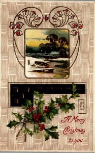 1908 MERRY CHRISTMAS HOLLY SCENIC GILDED BOONEVILLE ARKANSAS POSTCARD 39-67