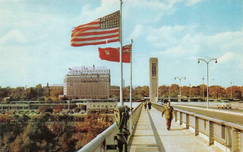 NY, New York  RAINBOW BRIDGE~Niagara Gorge US & CANADIAN FLAGS  c1950's Postcard