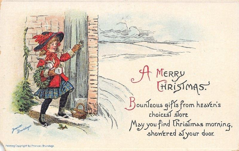 Frances Brundage~Victorian Christmas Girl Knocks on Door~Gifts~Wreath~Emb~1913 