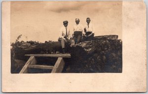 Three Men On Top Of Piled Logs Real Photo RPPC Antique Postcard
