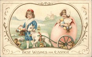 Easter Children Sheep Pulling Egg Cart Embossed c1900s-10s Postcard