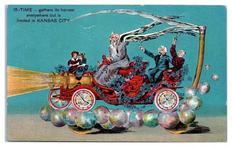 Father Time Scythe Car Priests of Pallas Parade Float Kansas City Postcard *4W