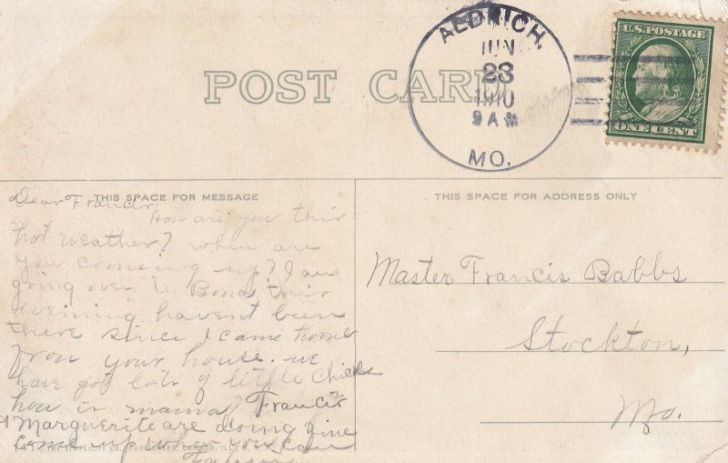 Who Says I'm Scart Little Boy Postcard 1910 Aldrich to Stockton MO D02