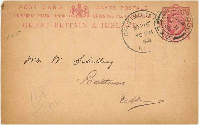 Entier Postal Stationery 1p Liverpool in 1908 for Baltimore