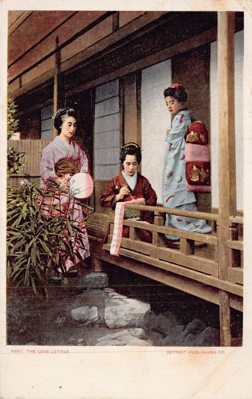 THE LOVE LETTER-JAPAN JAPANESE GEISHAS WRITING ON SILK~1900s POSTCARD