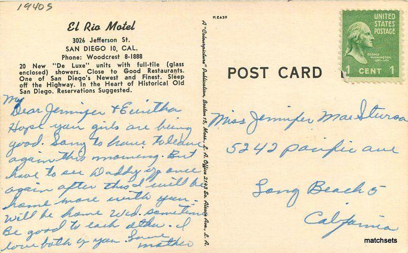 Autos El Rio Motel 1940s San Diego California Colorpicture linen postcard 9573