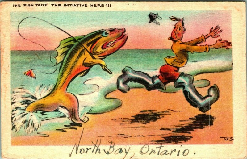 Comic Anamorphic Fish Take the Initiative Here Fishing 1947 Postcard