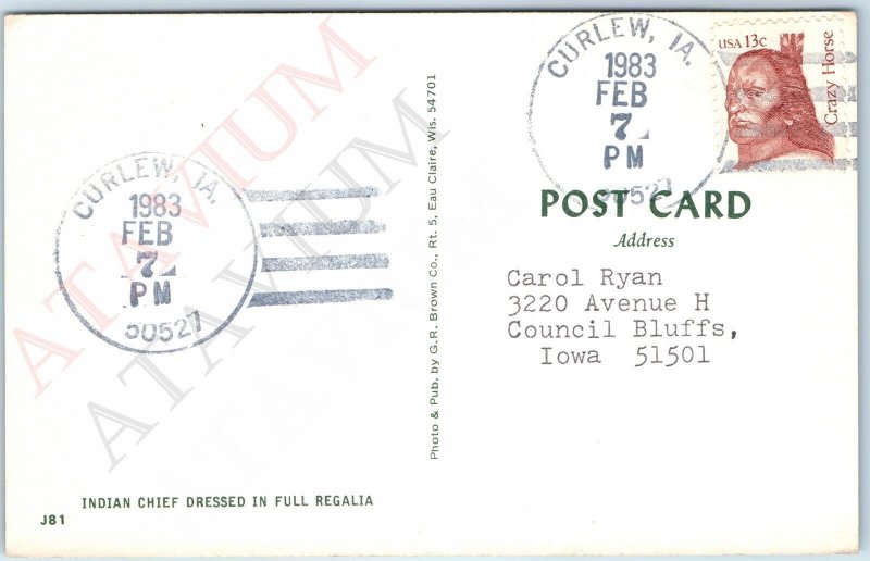 1983 Curlew, IA Town Post Office Cancel Stamp USPO Postcard Postal History A177
