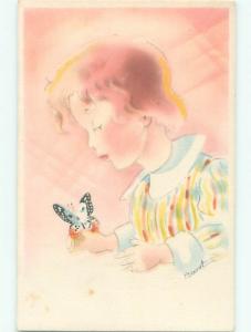 foreign Old Postcard signed BEAUTIFUL BUTTERFLY LANDS ON FINGER OF CHILD AC2758