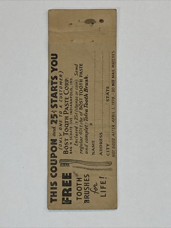 Vtg MATCHBOOK COVER Bost Toothpaste, Advertising Indianapolis, Ohio