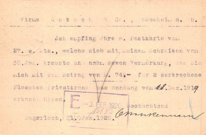 L075 Germany 1920 Stuttgart Degerloch firma Asbach & Co postal stationery