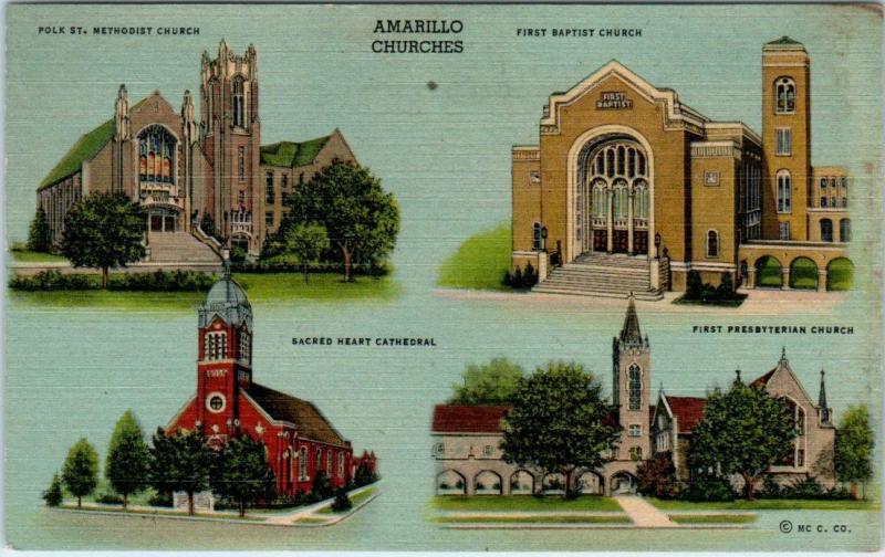 AMARILLO, Texas  TX   CHURCHES Methodist, Baptist, etc.  ca 1940s Linen Postcard