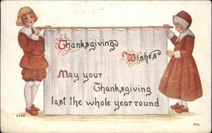 MH Thanksgiving Young Girl and Boy with Sign c1910 Vintage Postcard