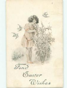 Pre-Linen Easter GIRL SMELLING THE LILY FLOWERS AB4086