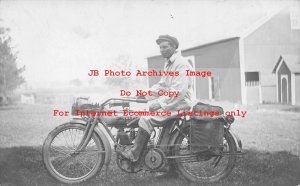 Unknown Location, RPPC, Charley Weil Sitting on Yale Motorcycle on Road Trip