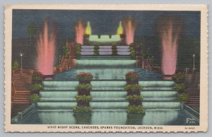 Jackson Michigan~Vivid Night Scene~Cascade Sparks Foundation~Vintage Postcard