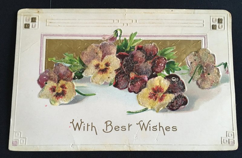 Vintage glittered and embossed “Best wishes” greeting postcard, 1900’s.