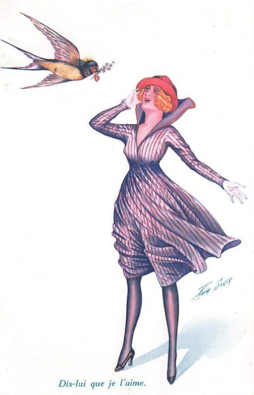 FRANCE WOMAN & BIRD WITH MESSAGE ARTIST SIGNED XAVIER SAGER POSTCARD (c. 1910)