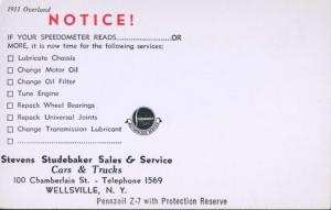 Stevens Studebaker Sales & Service Wellsville NY Ad 1911 Overland Postcard D31