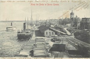 1908 Sarina Canada Along the Docks Private occupation Postcard 25-12327