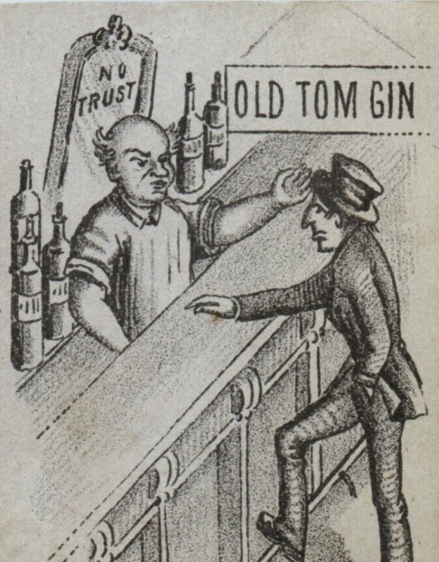 1870s-80s Victorian Comical Trade Card Bar Scene Drunk Old Tom Gin P81