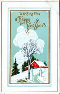 Postcard Wishing you a Happy New Year's wintry lane with tree