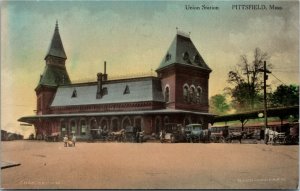 Postcard MA Pittsfield Union Station Buggies Hand Colored Train 1930s S22