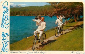 Postcard 1950s Canada Alberta Bicycle Cycling Waiters Jasper Lodge CD24-3142