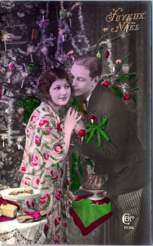 Postcard Christmas Joyeux Noel Photo tinted Couple at Christmas CEKO 1934 set 