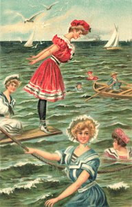 Beautiful Women Busy Beach Area Diving Board & Boat Postcard