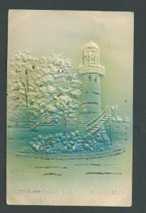 Ca 1912 Post Card Detroit MI Light House Palmer Park Blue W/Glitter Airbrushed--