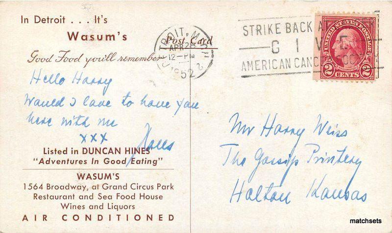 1952 Wasum's Hofbrau Restaurant Interior Detroit Michigan postcard 11801