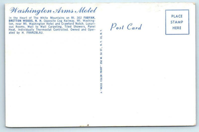 BRETTON WOODS, New Hampshire NH ~ Roadside WASHINGTON ARMS MOTEL 1950s  Postcard