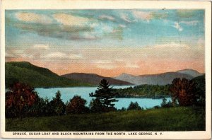 Spruce, Sugar Loaf, Black MTs from North Lake George NY Vintage Postcard U25