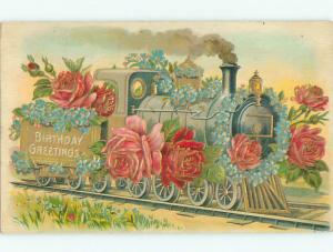 Pre-Linen fantasy OLD STEAM LOCOMOTIVE TRAIN COVERED WITH ROSE FLOWERS J3374