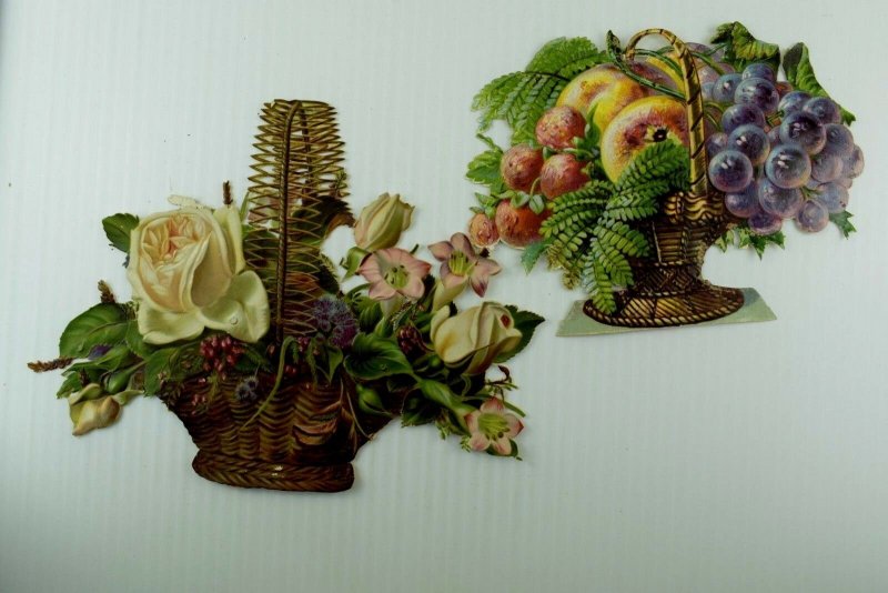 Lot Of 2 1880's-90's Large Victorian Die-Cuts Roses Fruit In Baskets Fab! *R