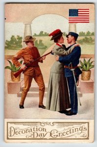 Memorial Decoration Day Postcard  Soldiers Victorian Women Rifle Sword US Flag