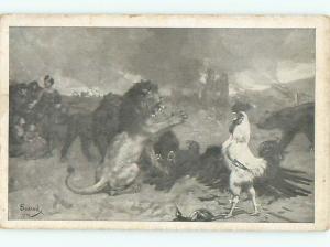 foreign c1910 Postcard signed GIANT ROOSTER STANDING UP BESIDE LION AC3529