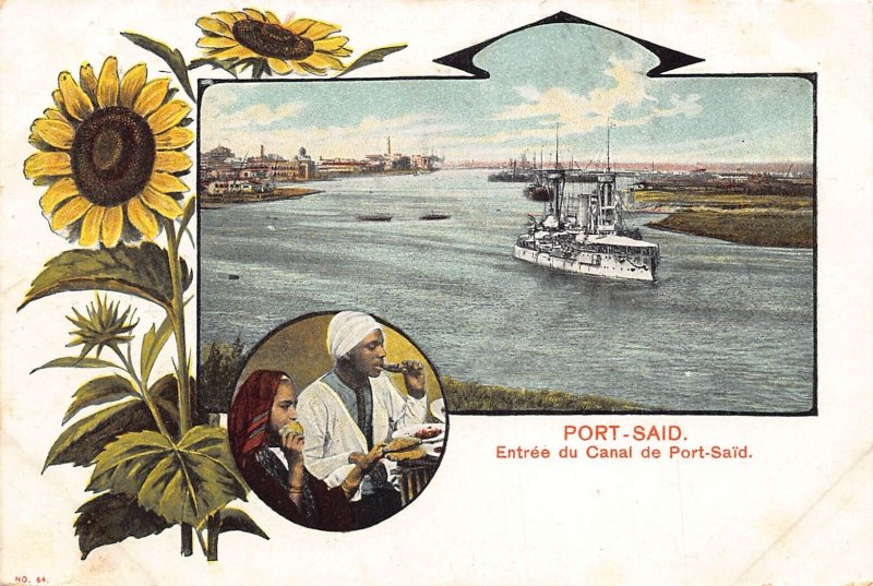 A623 Egypt Art Nouveau Port Said Canal Ethnic Men Steamboat Sunflower postcard