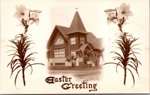 Real Photo Postcard Easter Lily Flowers and Photograph of a Church