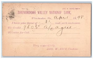 1898 Shenandoah Valley National Bank Letter Winchester Virginia VA Postcard 