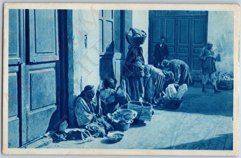 c1930s Libya Black Women in Market Ladies Head Carrying Litho Cyanotype A191