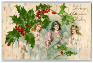 c1910's Christmas Pretty Women Holly Berries Bell Embossed Winsch Back Postcard