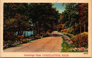 Postcard MI Greetings from Constantine Road in Woods Flowers LINEN 1944 V182