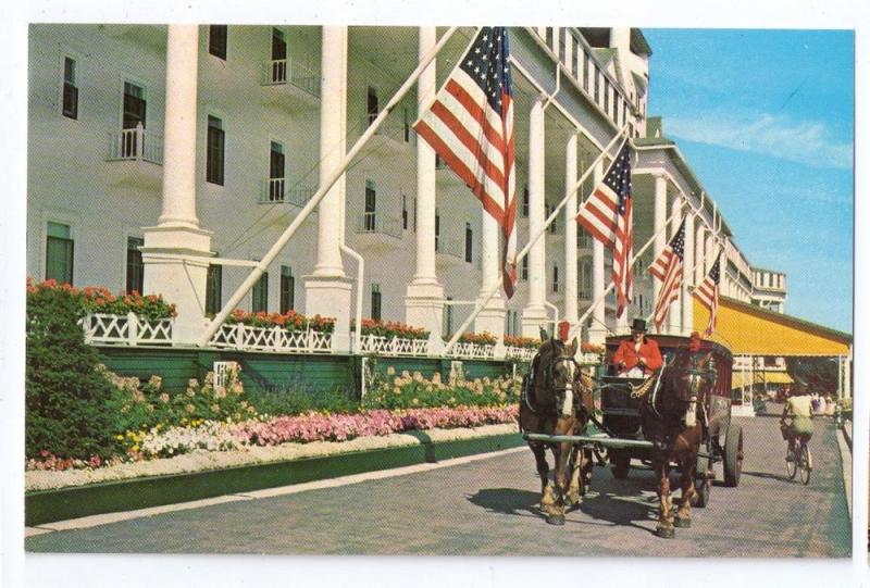 Grand Hotel Mackinac Island Michigan Horse Drawn Tour Bus Front Drive Flags