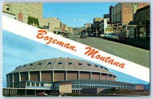 Bozeman Montana MT Postcard Main Street Field House Stadium Dual View Vintage