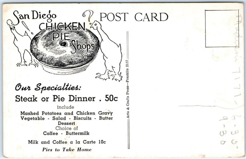 c1930s San Diego, CA Chicken Pot Pie Shop Advertising Restaurant Postcard A116