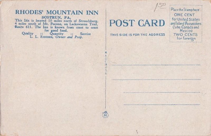 Postcard Rhodes' Mountain Inn Scotrun PA