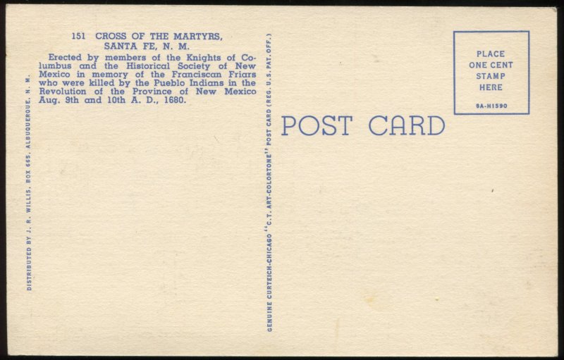 The Cross of the Martyrs. Santa Fe, NM. Curt Teich linen postcard