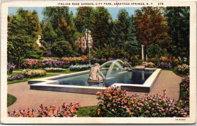 Postcard NY Saratoga Springs Italian Rose Garden City Park fountain